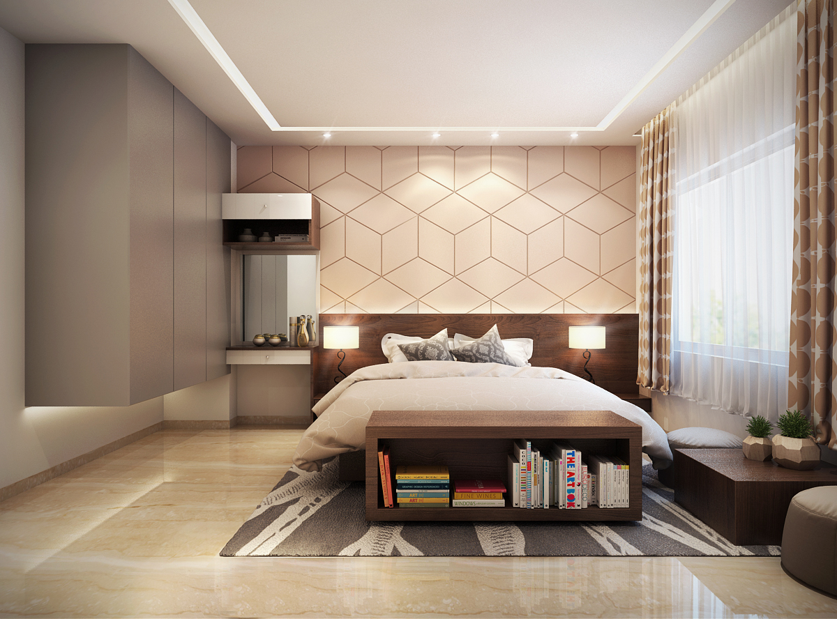 Bedroom With Side Table Lamps And Storage