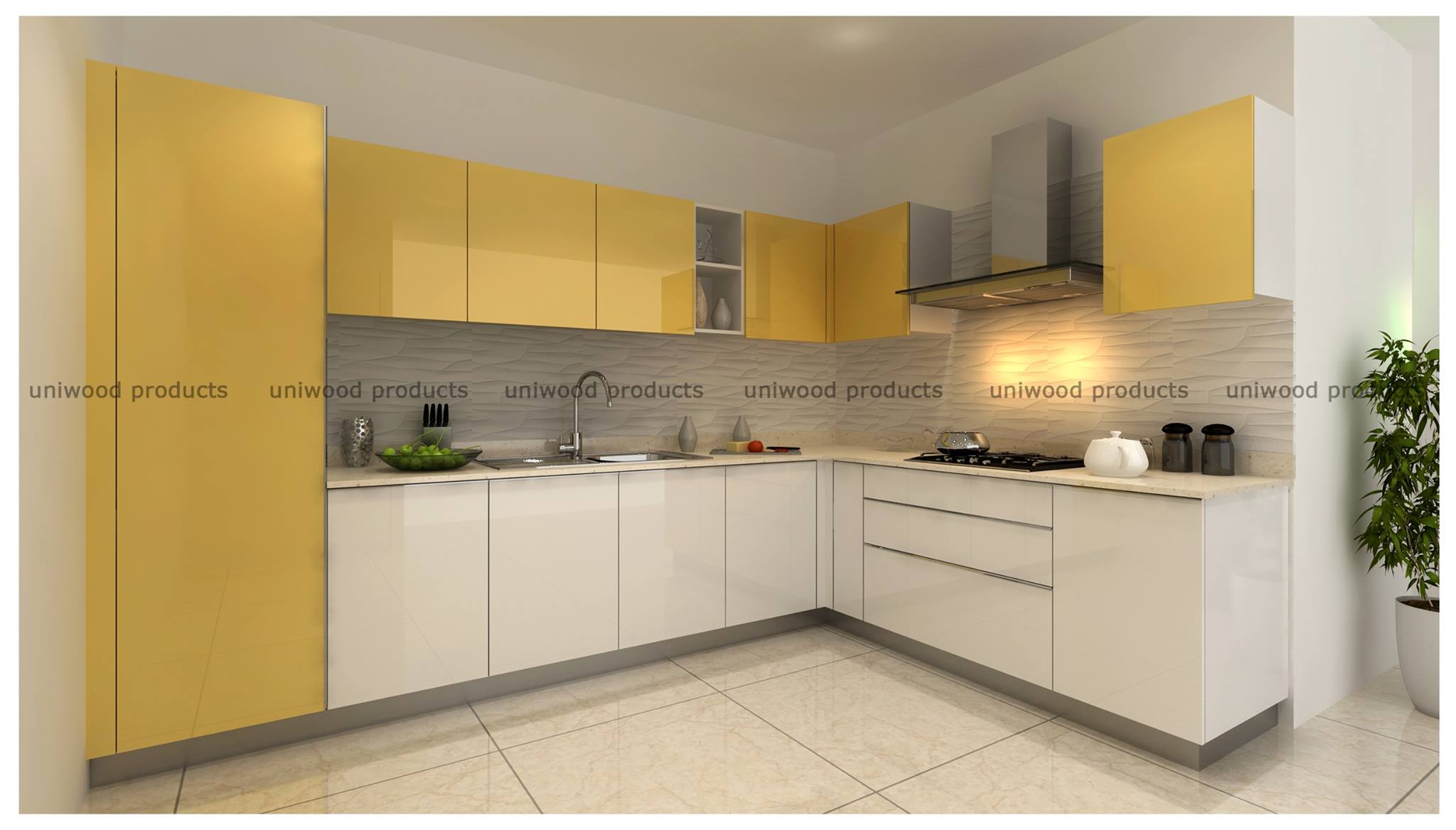 Modular Kitchen With Yellow and Cream Cabinets