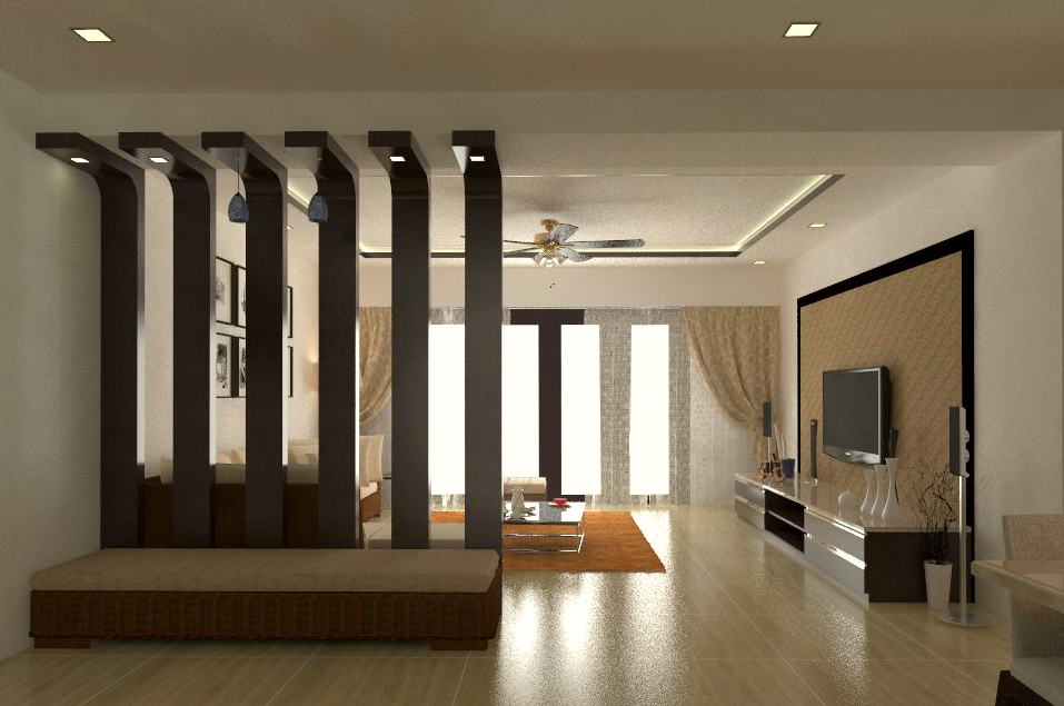 foyer partition design with a bench in front