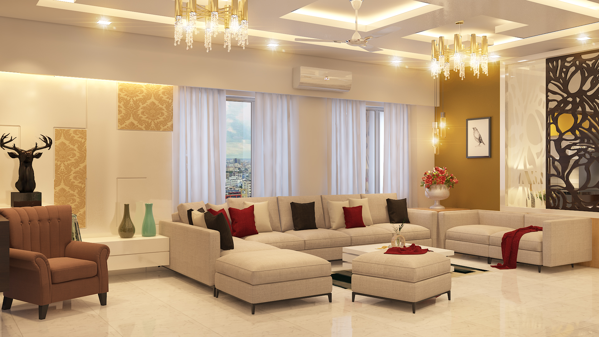 Luxury Living Room With Sofa  And Lights
