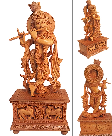 beautiful Krishna statue in wood carving