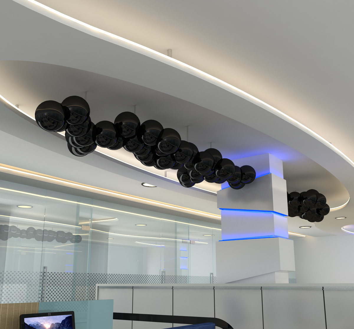 Ceiling design with carbon particle theme