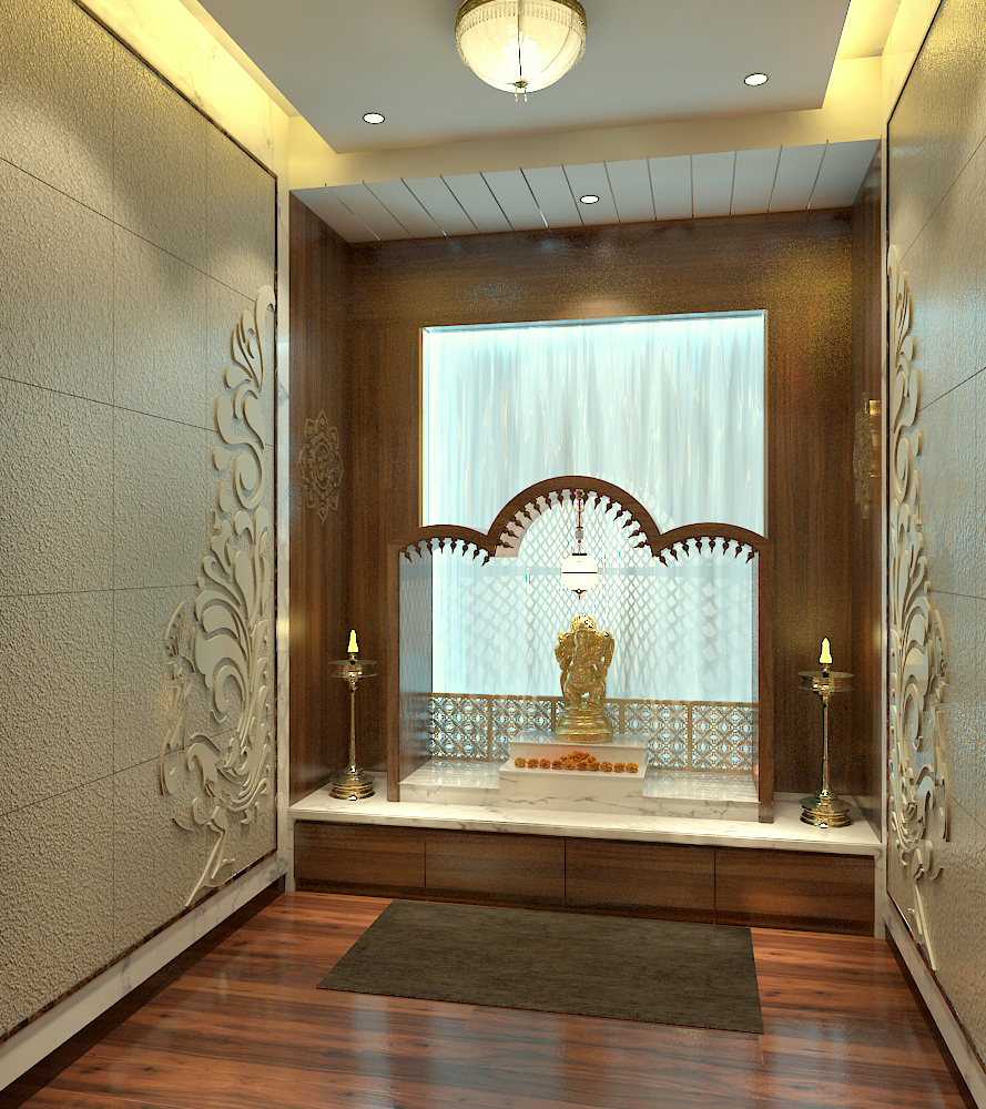 Elegant Puja room with wood temple