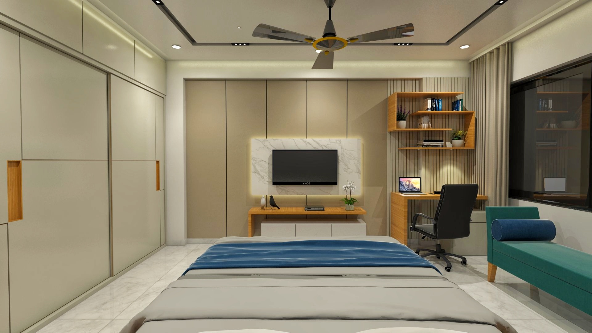Modern Bedroom With Wall Shelves