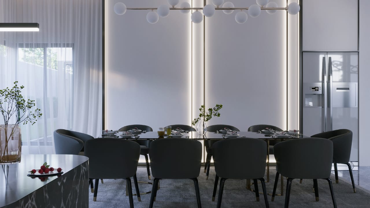 Modern Dining Area With Hanging Lights