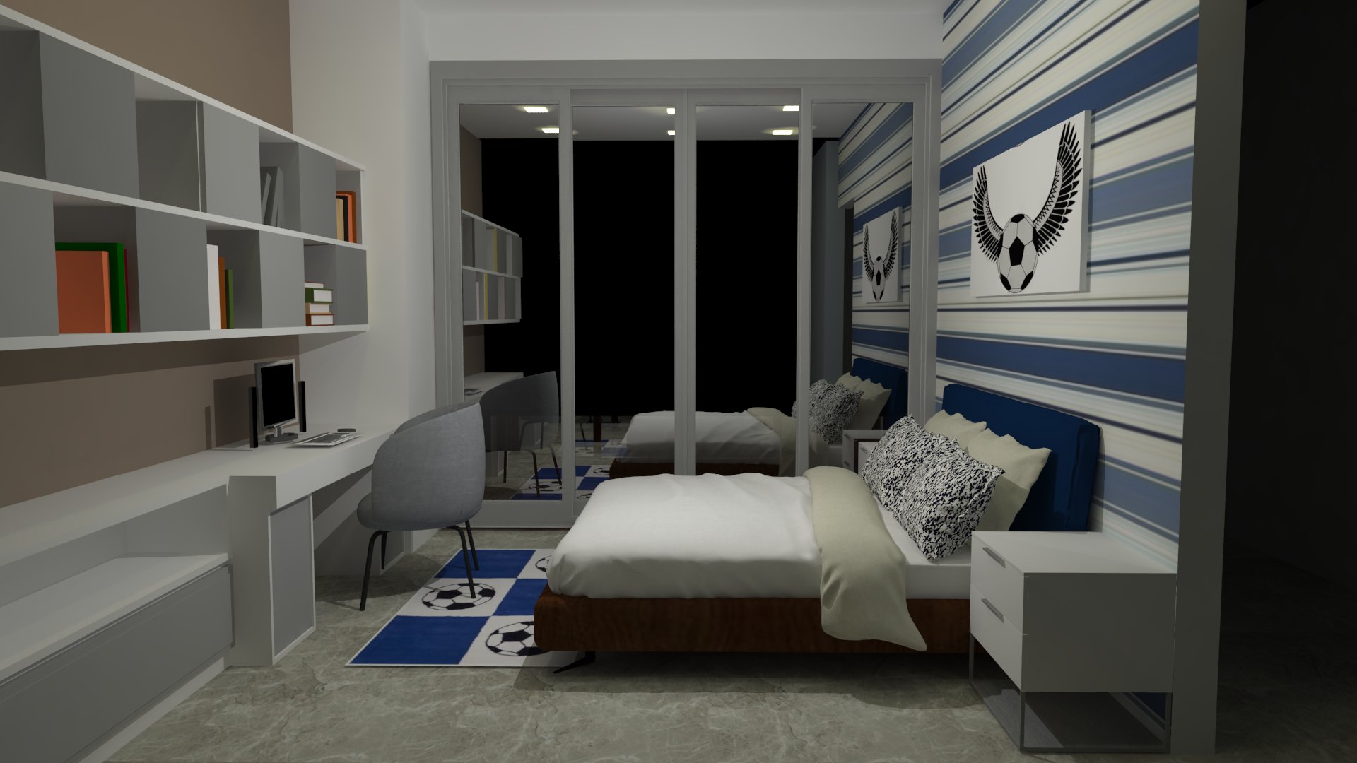 Modern Bedroom With Furniture And Wallpaper 