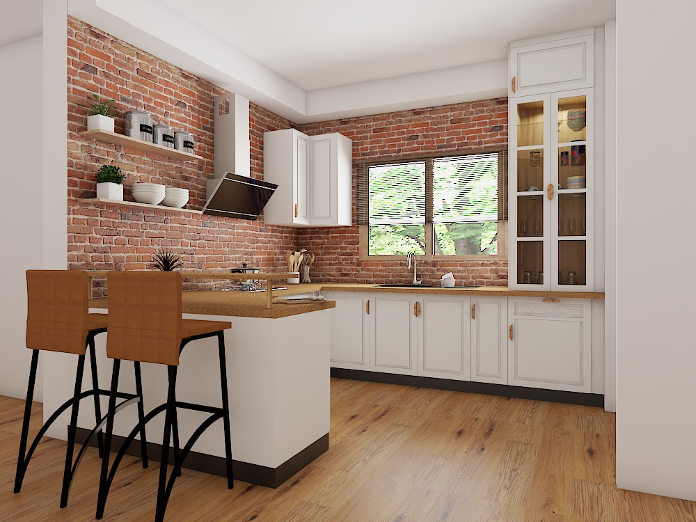 Modular Kitchen With Exposed Brick Wall