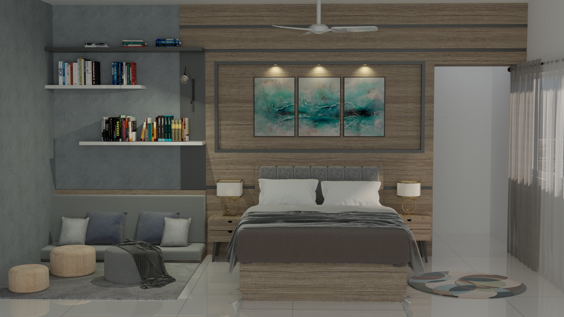 Contemporary Bedroom Design With Bookshelves 