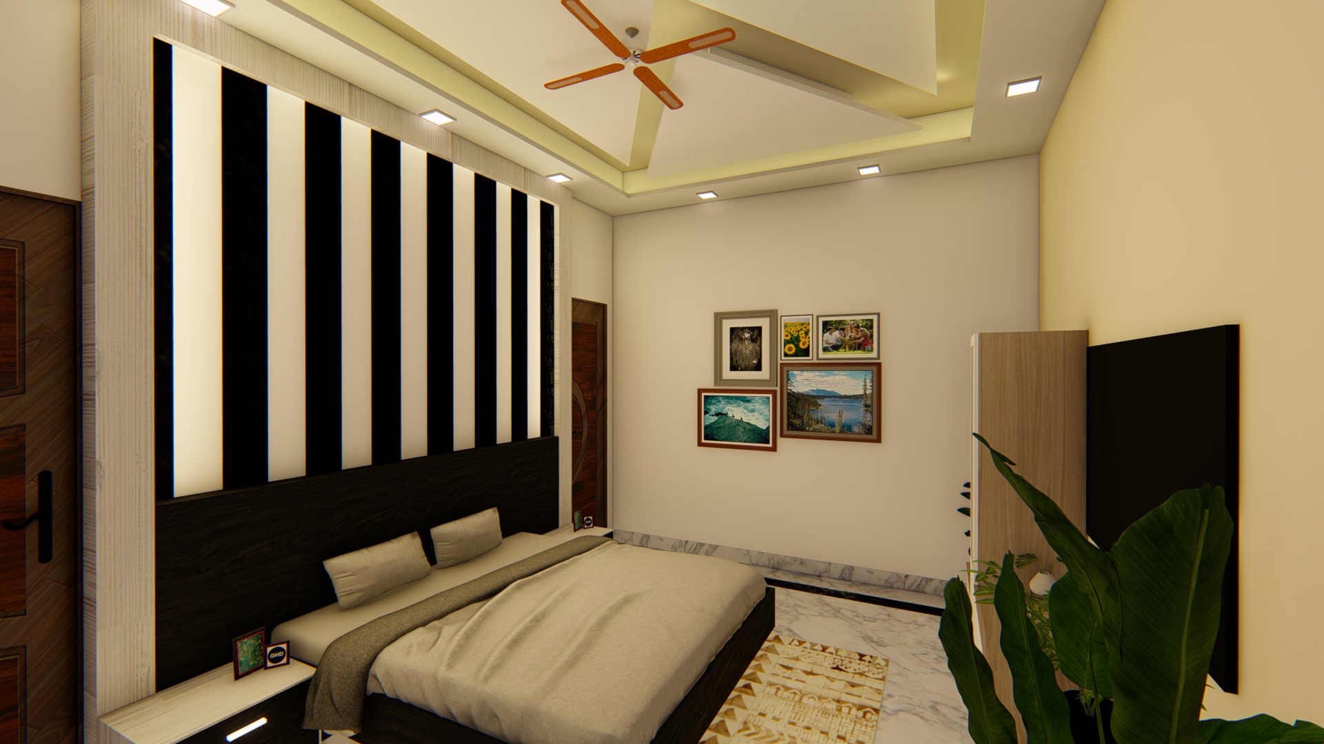 Bedroom Design With Wall Arts And Ceiling